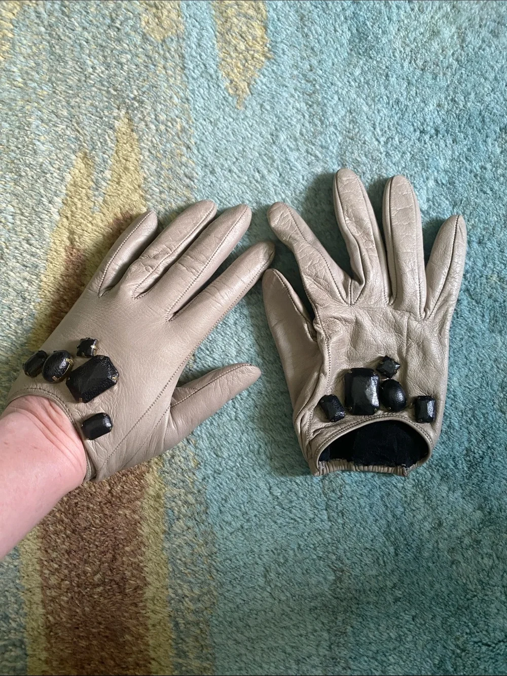 3.1 Phillip Lim Taupe Leather Gloves with Black Jewel Embellishments